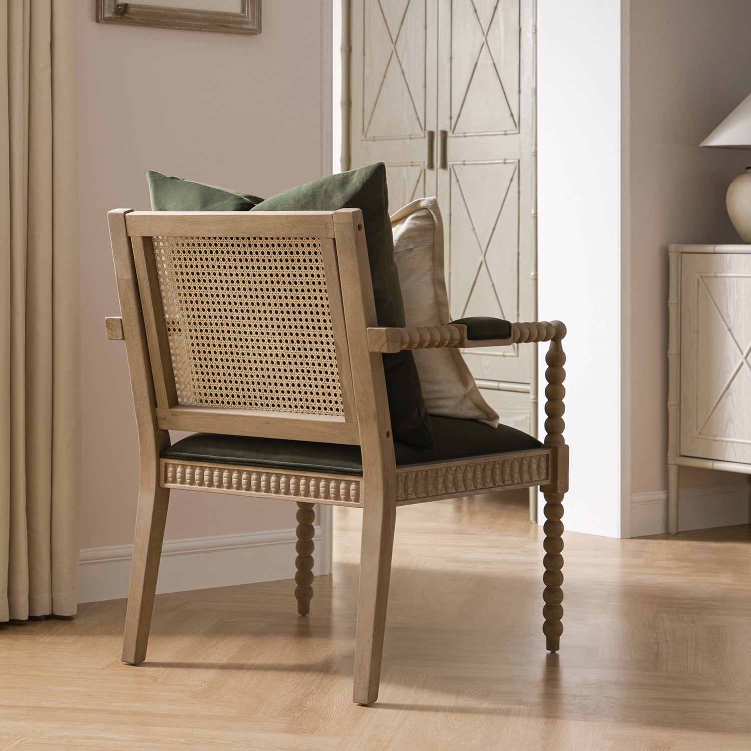 Hemingford Moss Green Velvet Bobbin Washed Oak Armchair