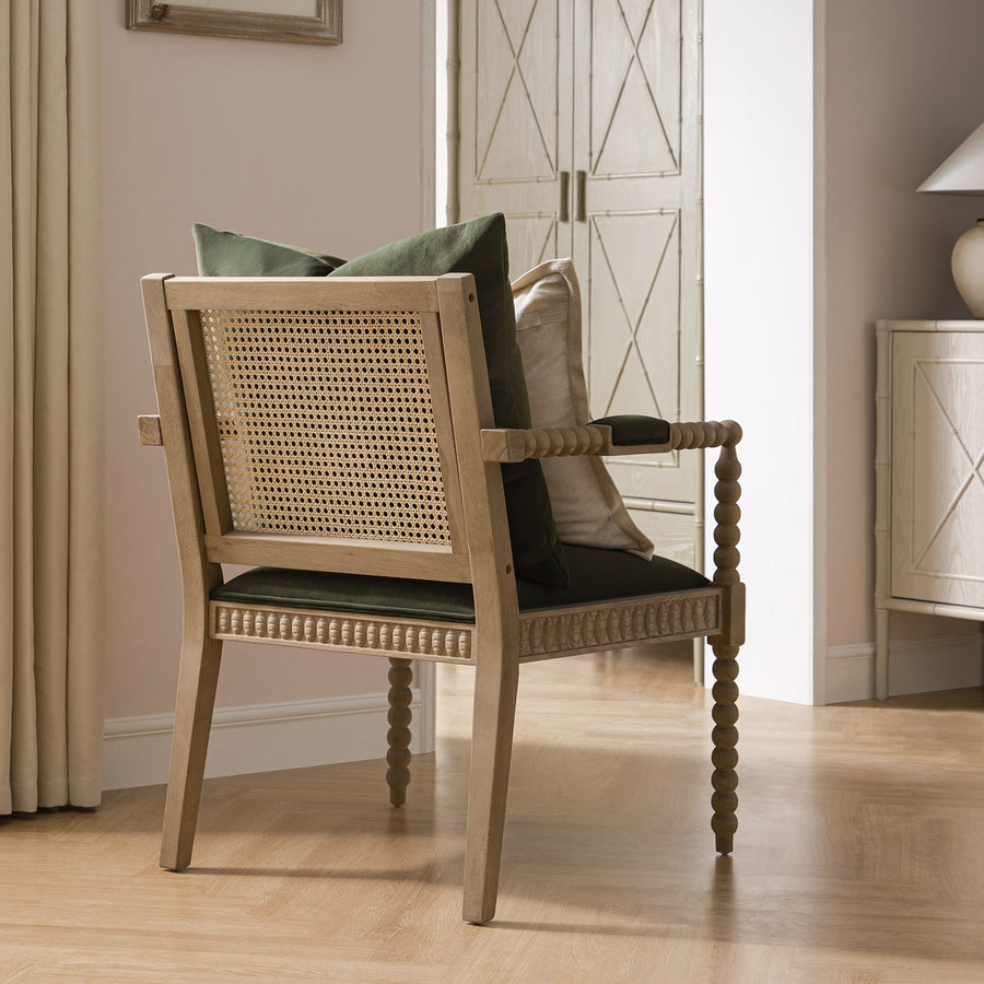 Hemingford Moss Green Velvet Bobbin Washed Oak Armchair
