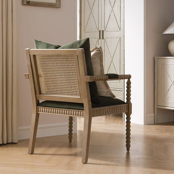 Hemingford Moss Green Velvet Bobbin Washed Oak Armchair - daals