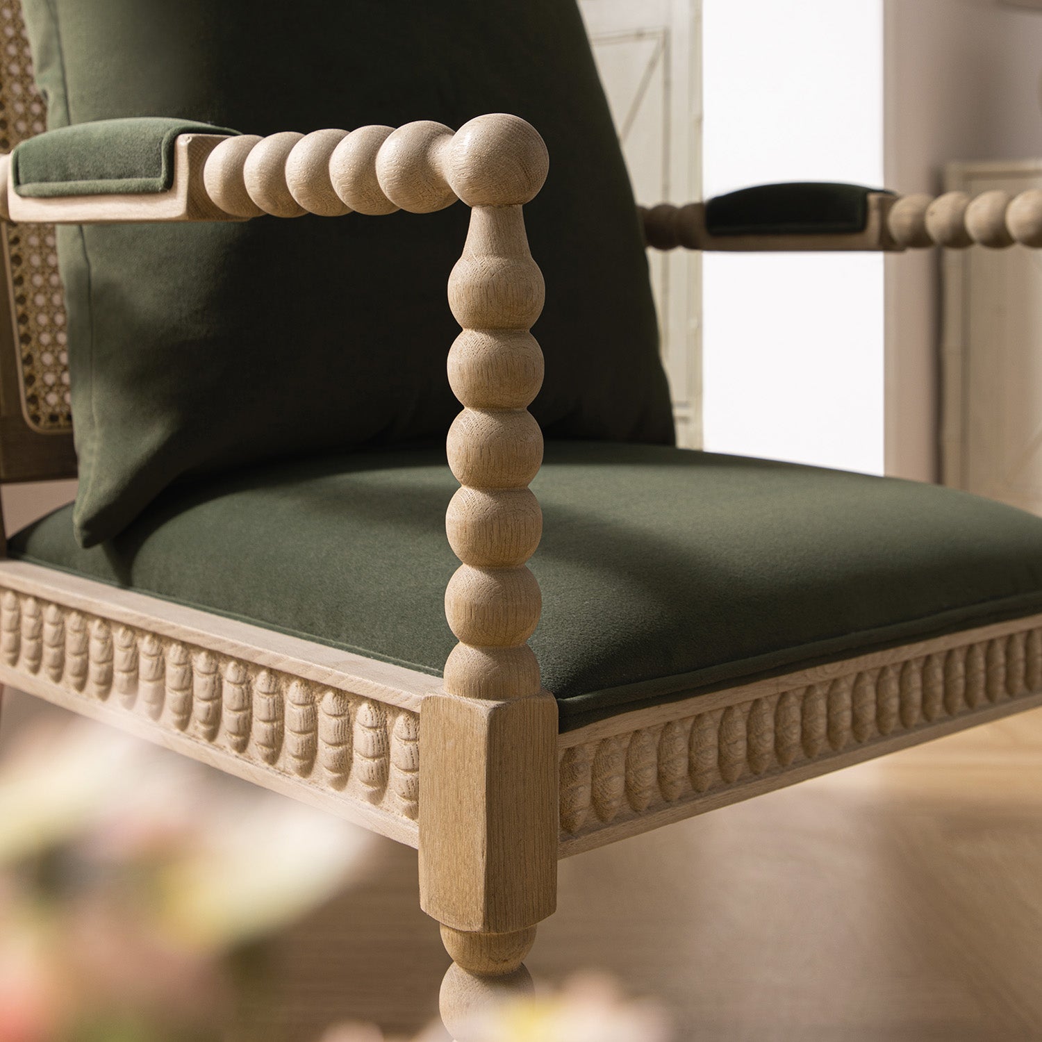 Hemingford Moss Green Velvet Bobbin Washed Oak Armchair