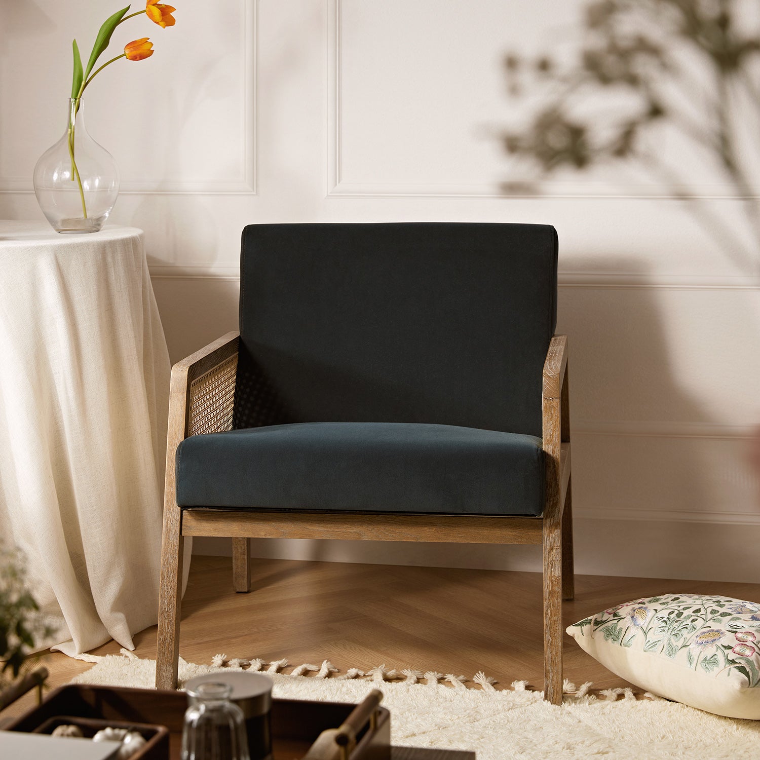 Fyne Aegean Blue Velvet Weathered Oak Frame Rattan Armchair