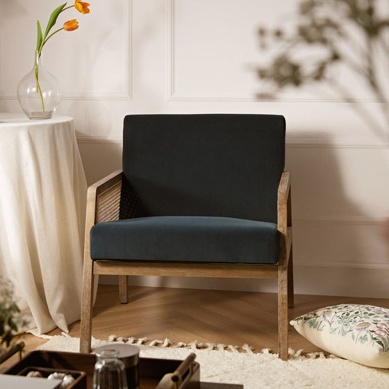Fyne Aegean Blue Velvet Weathered Oak Frame Rattan Armchair