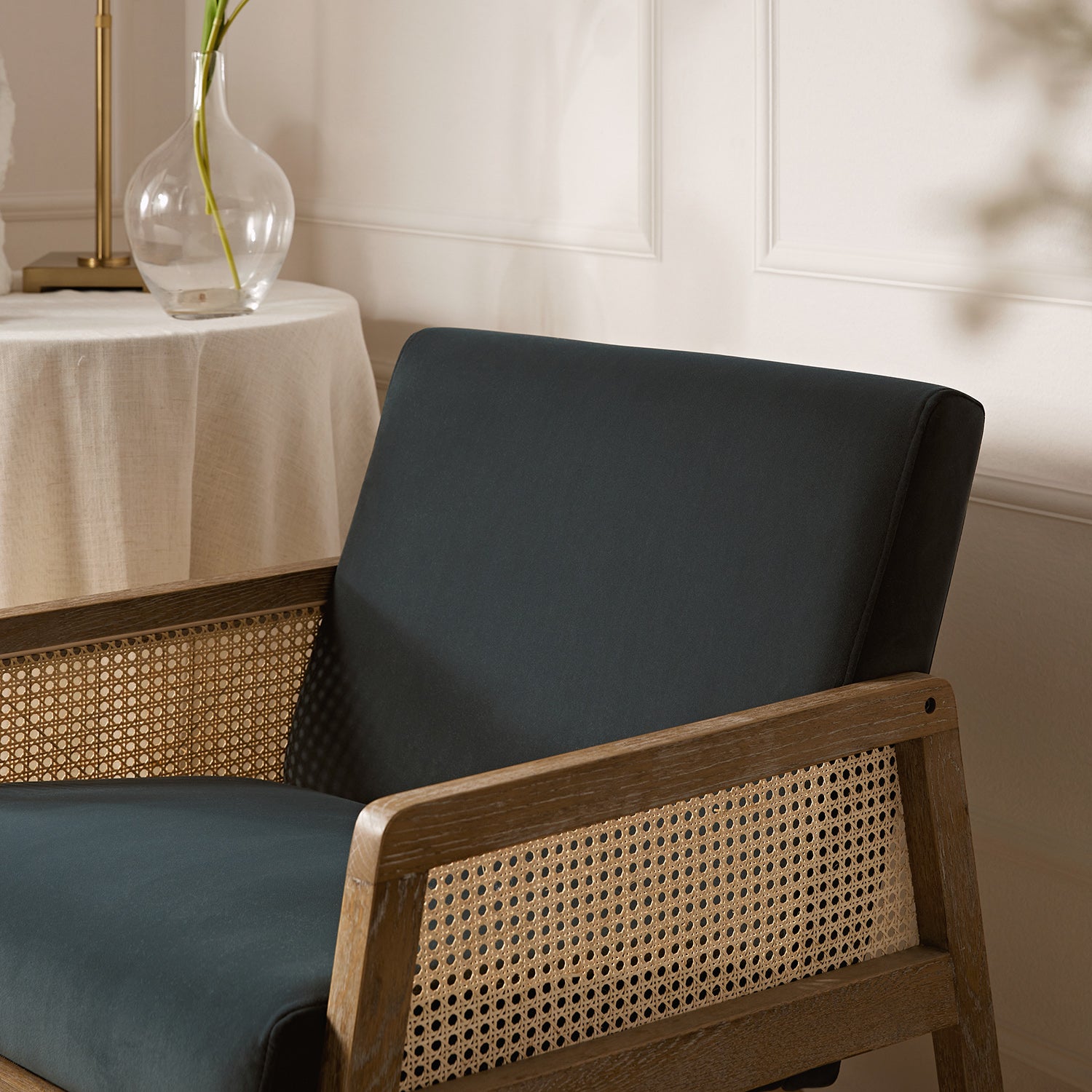 Fyne Aegean Blue Velvet Weathered Oak Frame Rattan Armchair