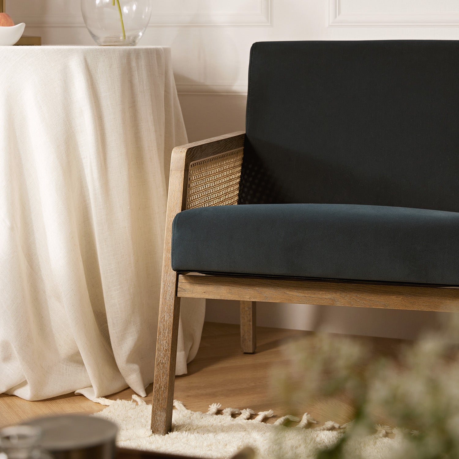 Fyne Aegean Blue Velvet Weathered Oak Frame Rattan Armchair