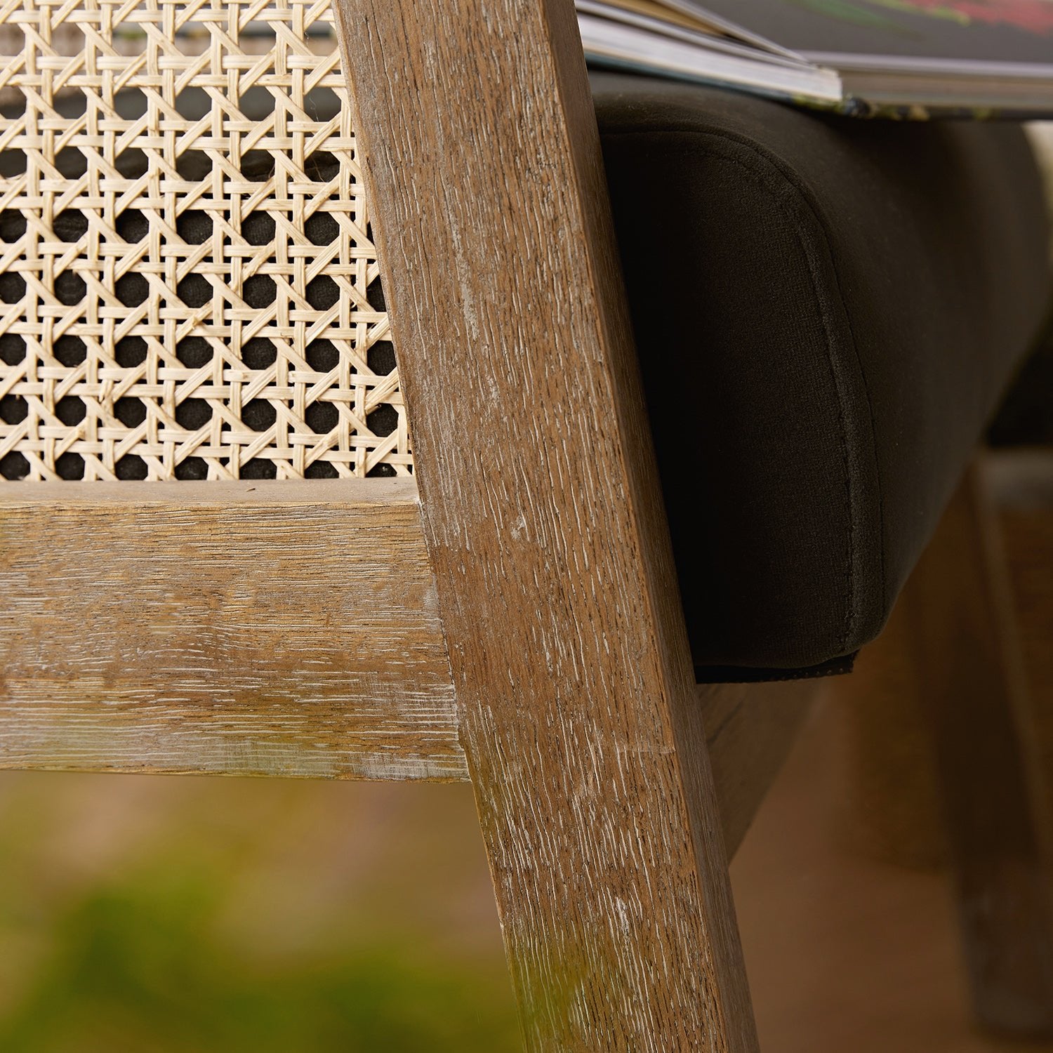 Fyne Aegean Blue Velvet Weathered Oak Frame Rattan Armchair