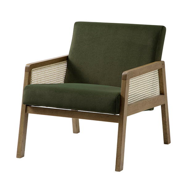 Fyne Moss Green Velvet Light Walnut Frame Rattan Armchair - daals