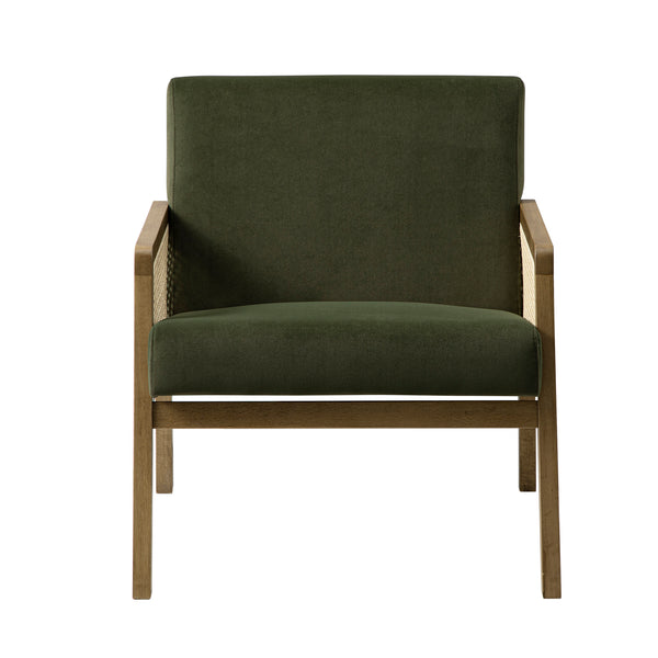 Fyne Moss Green Velvet Light Walnut Frame Rattan Armchair