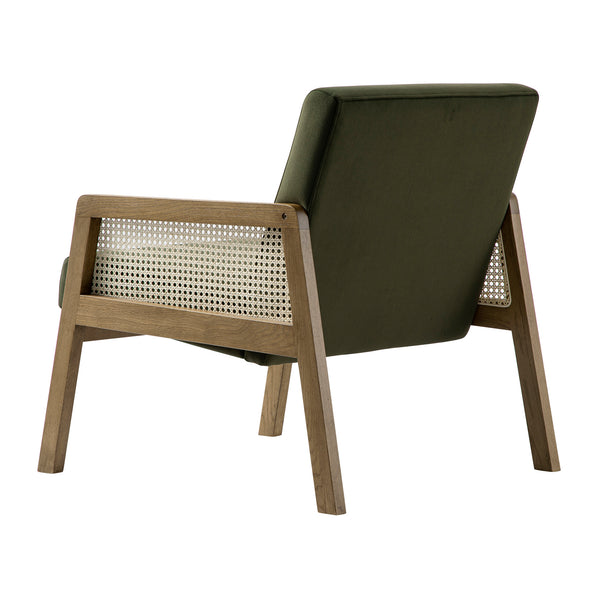 Fyne Moss Green Velvet Light Walnut Frame Rattan Armchair