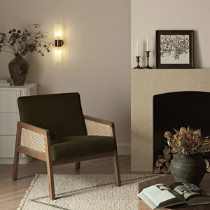 Fyne Moss Green Velvet Light Walnut Frame Rattan Armchair