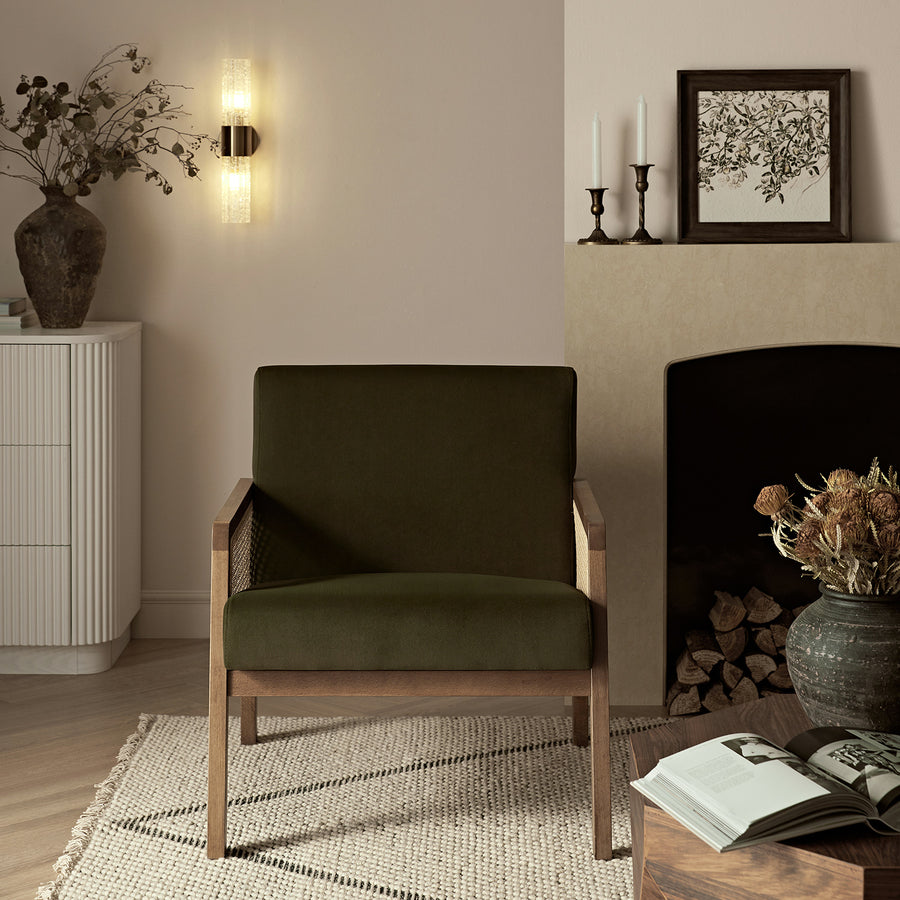 Fyne Moss Green Velvet Light Walnut Frame Rattan Armchair