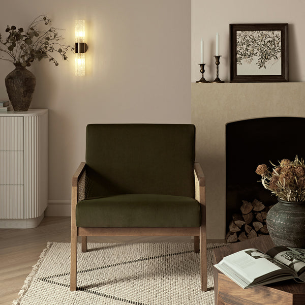 Fyne Moss Green Velvet Light Walnut Frame Rattan Armchair - daals