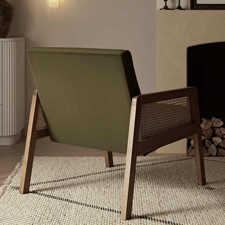 Fyne Moss Green Velvet Light Walnut Frame Rattan Armchair