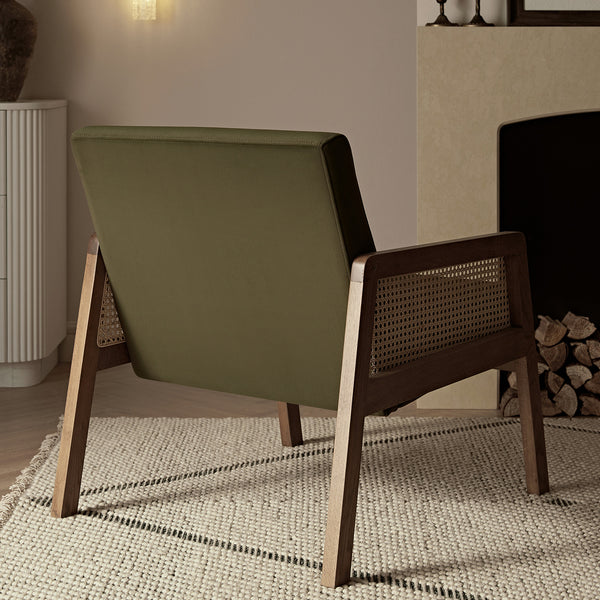 Fyne Moss Green Velvet Light Walnut Frame Rattan Armchair - daals