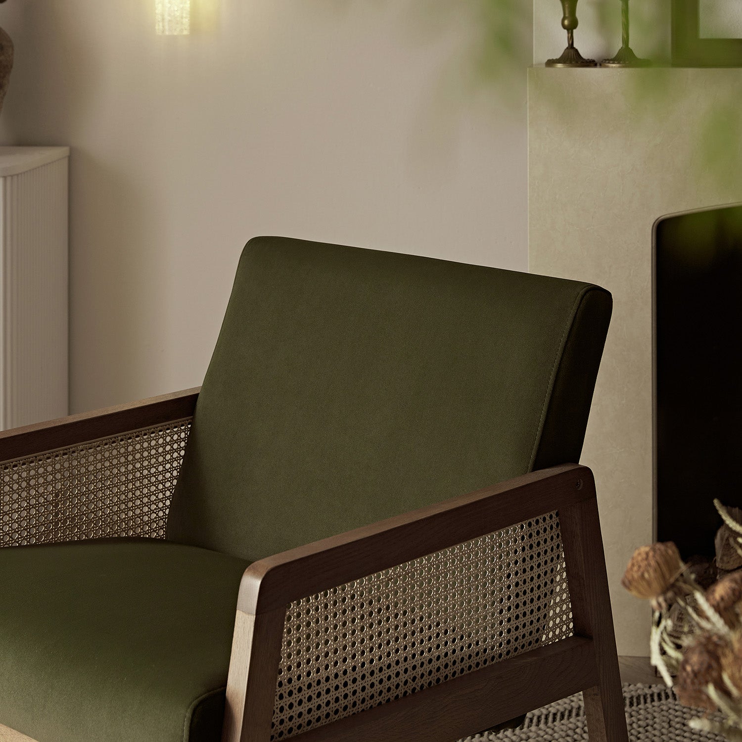Fyne Moss Green Velvet Light Walnut Frame Rattan Armchair