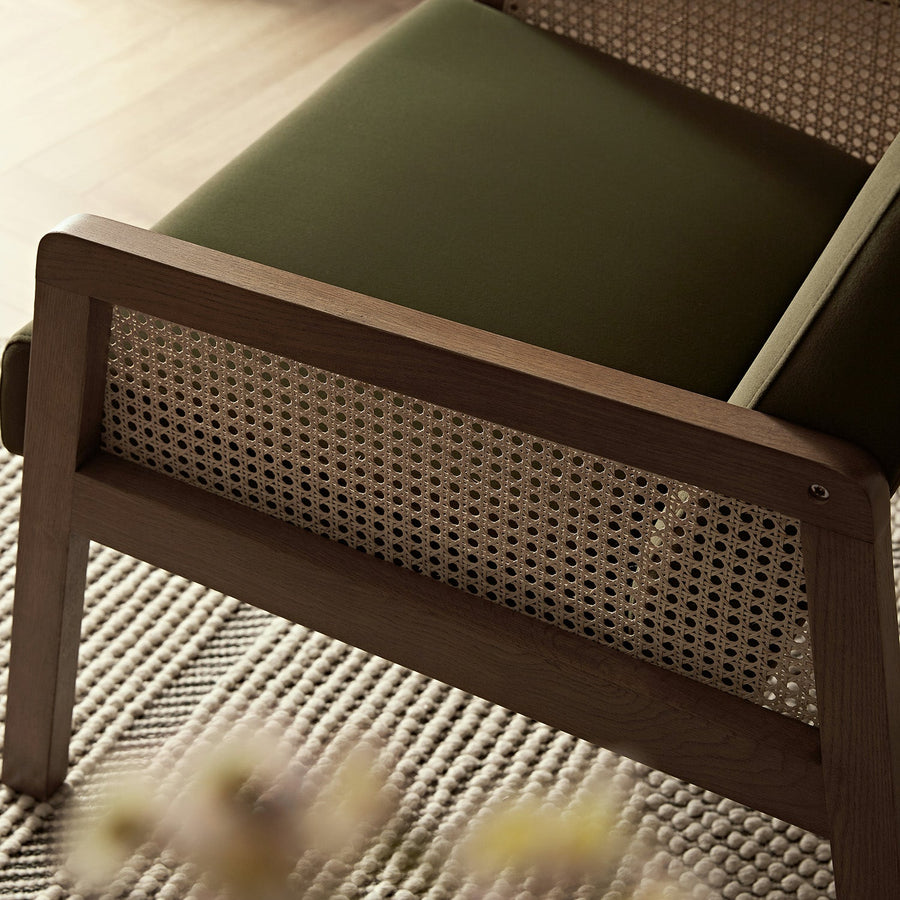 Fyne Moss Green Velvet Light Walnut Frame Rattan Armchair