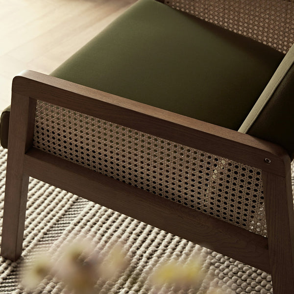 Fyne Moss Green Velvet Light Walnut Frame Rattan Armchair - daals