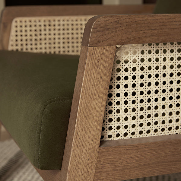 Fyne Moss Green Velvet Light Walnut Frame Rattan Armchair - daals