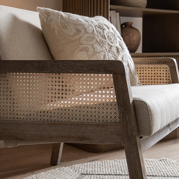 Fyne Oatmeal Fabric Weathered Oak Frame Rattan Armchair