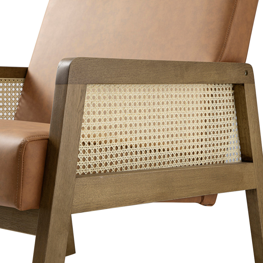 Fyne Tan Faux Leather Light Walnut Frame Rattan Armchair