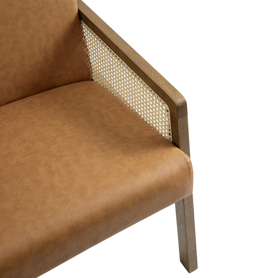 Fyne Tan Faux Leather Light Walnut Frame Rattan Armchair