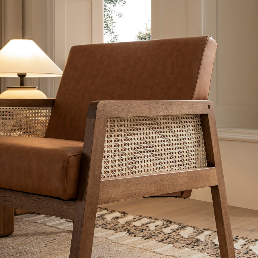 Fyne Tan Faux Leather Light Walnut Frame Rattan Armchair