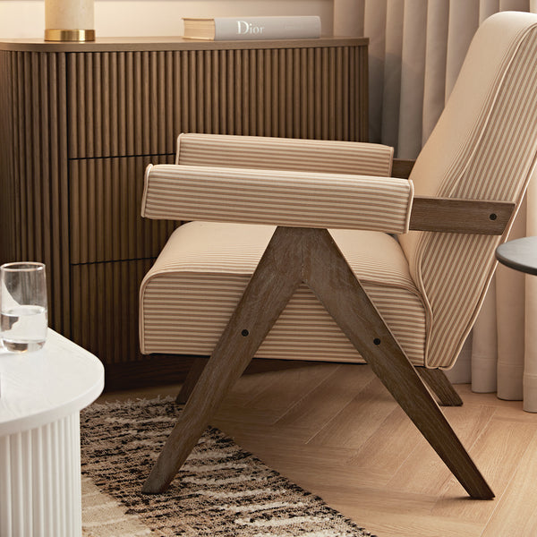 Chinnor Ochre Striped Linen Blend Weathered Oak Frame Accent Chair