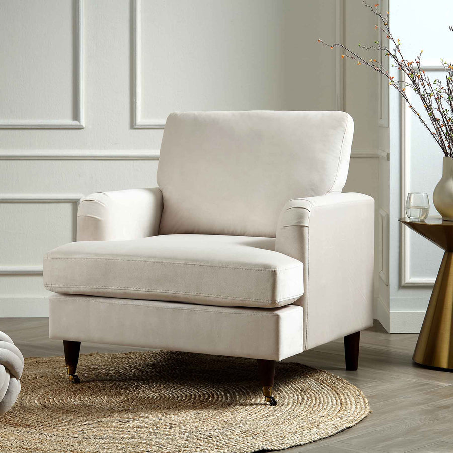 Brigette Beige Velvet Armchair with Antique Brass Castor Legs