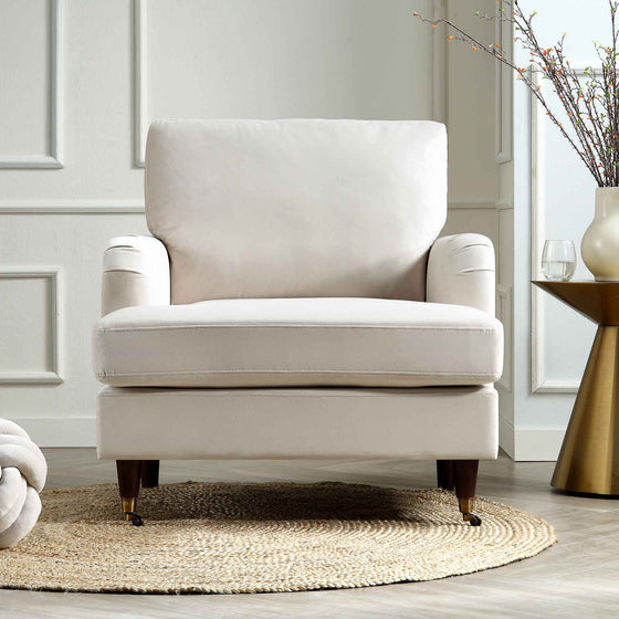 Brigette Beige Velvet Armchair with Antique Brass Castor Legs