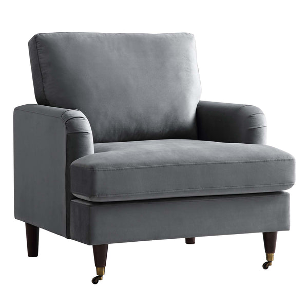 Brigette Grey Velvet Armchair with Antique Brass Castor Legs