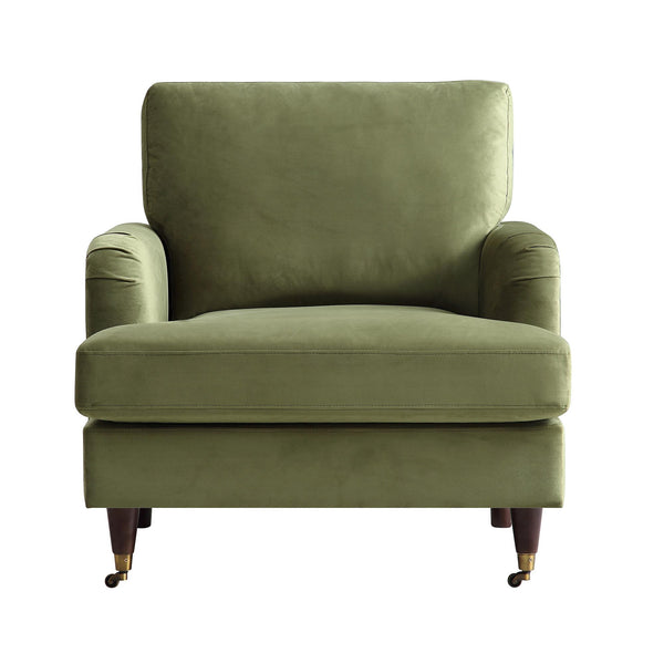 Brigette Olive Green Velvet Armchair with Antique Brass Castor Legs