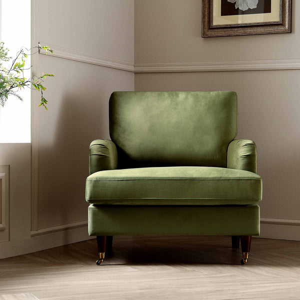 Brigette Olive Green Velvet Armchair with Antique Brass Castor Legs