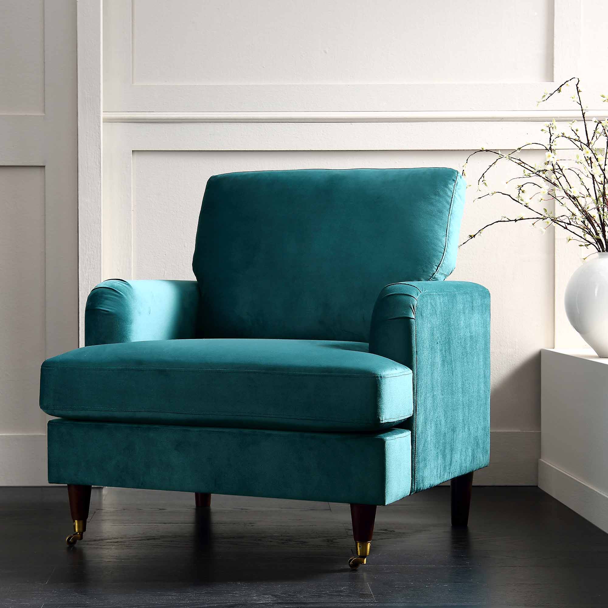 Brigette Teal Velvet Armchair with Antique Brass Castor Legs daals