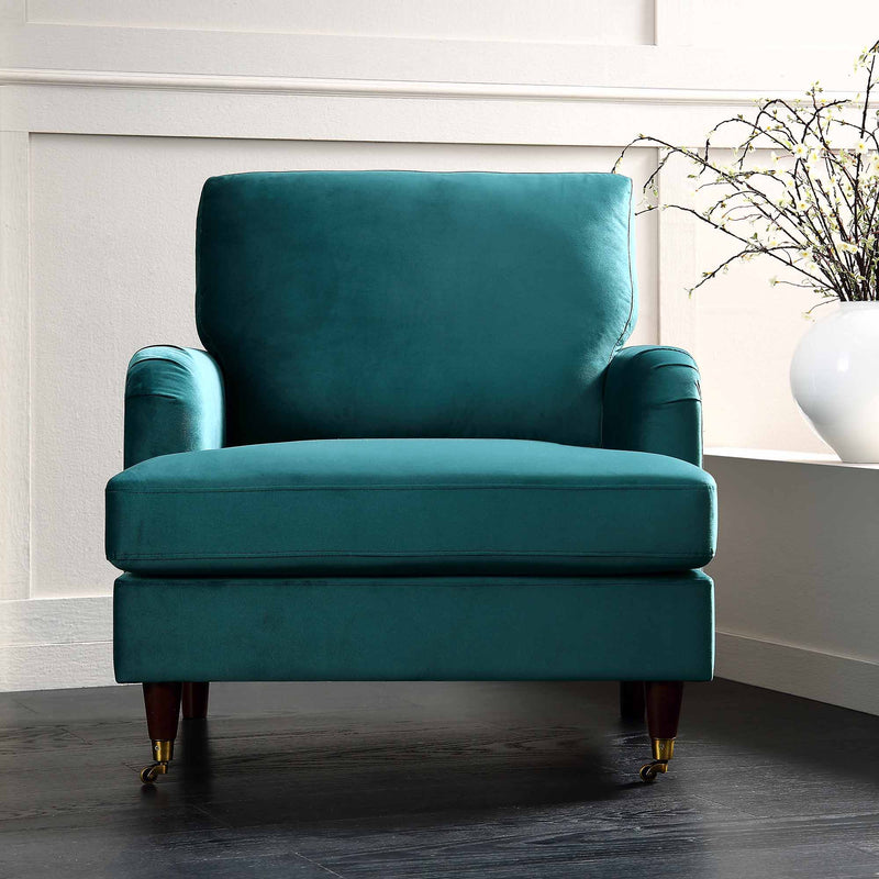 Brigette Teal Velvet Armchair with Antique Brass Castor Legs - daals