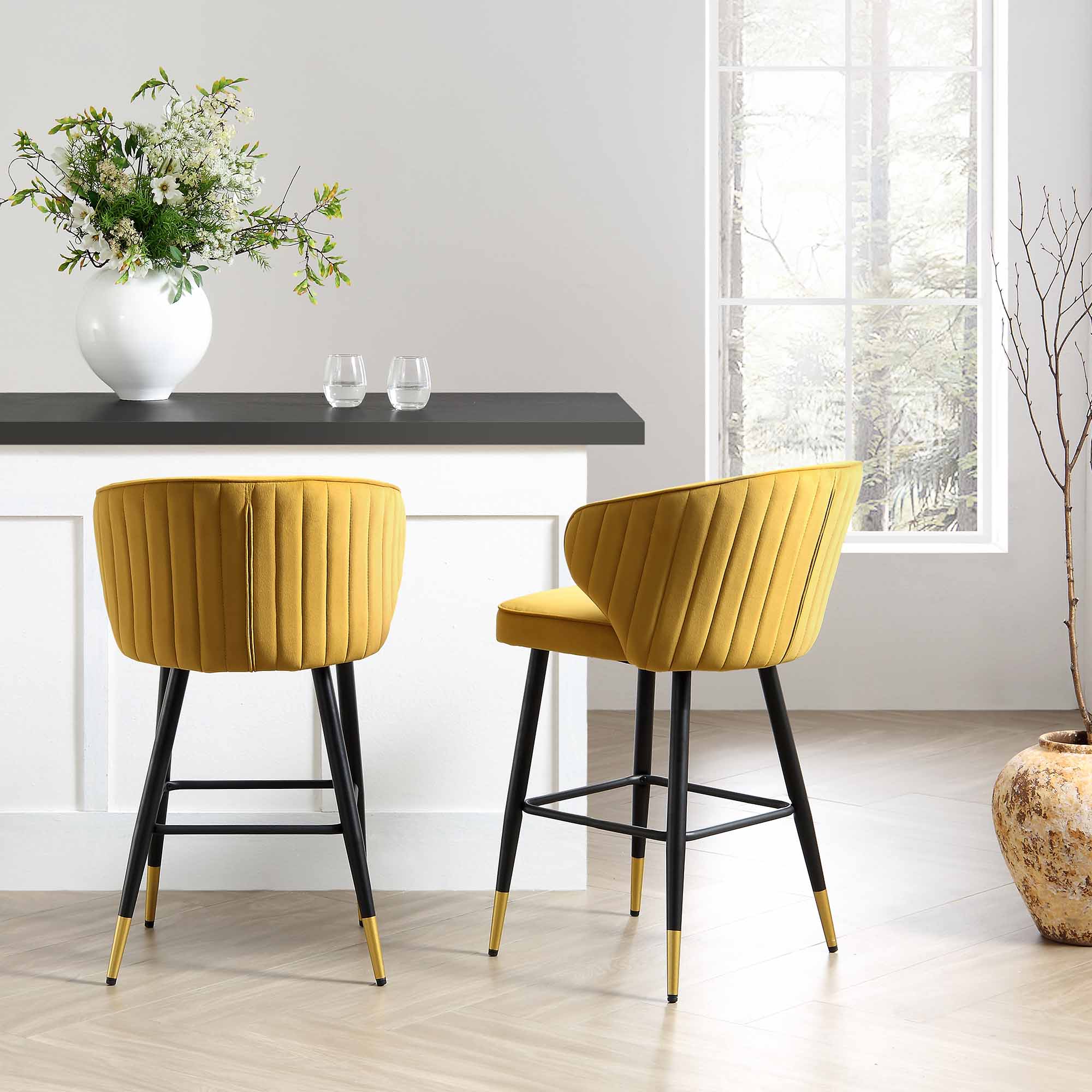 Langham Set of Mustard Velvet Upholstered Carver Counter Stools