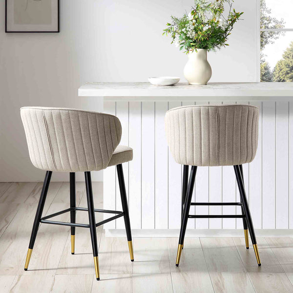 Langham Set of 2 Oatmeal Woven Fabric Upholstered Carver Counter Stools