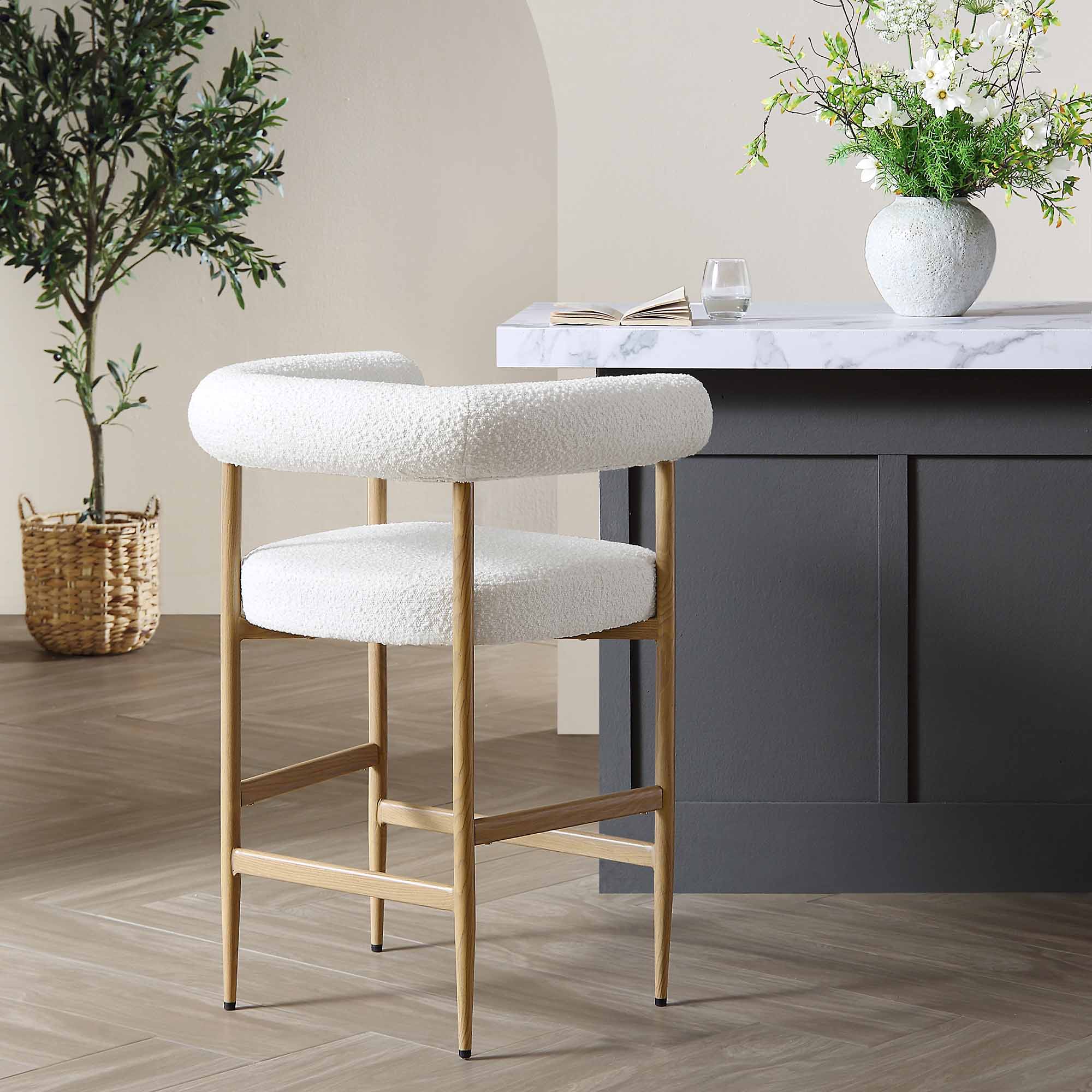 Fulbourn White Boucle Counter Stool with Natural Wood Effect Legs