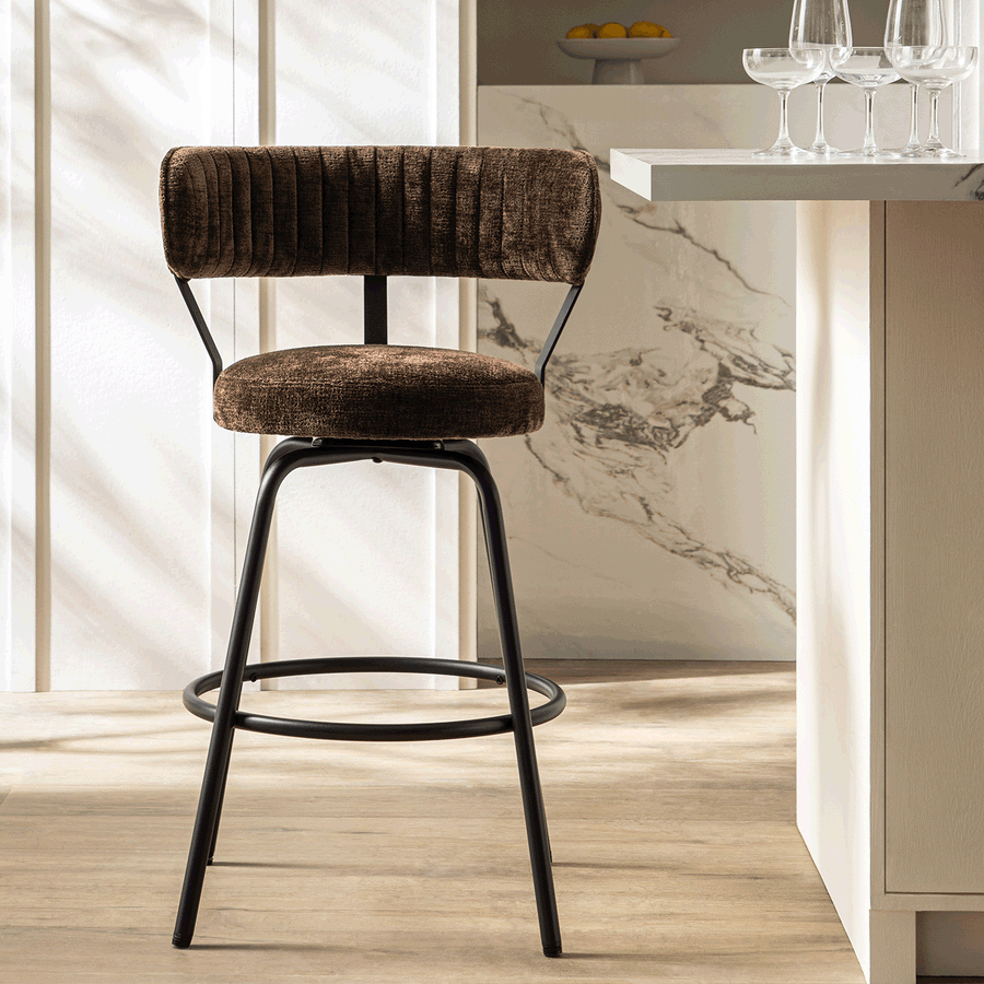 Lotte Set of 2 Swivel Counter Stools, Dark Mocha Chenille