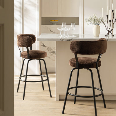 Lotte Set of 2 Swivel Counter Stools, Dark Mocha Chenille
