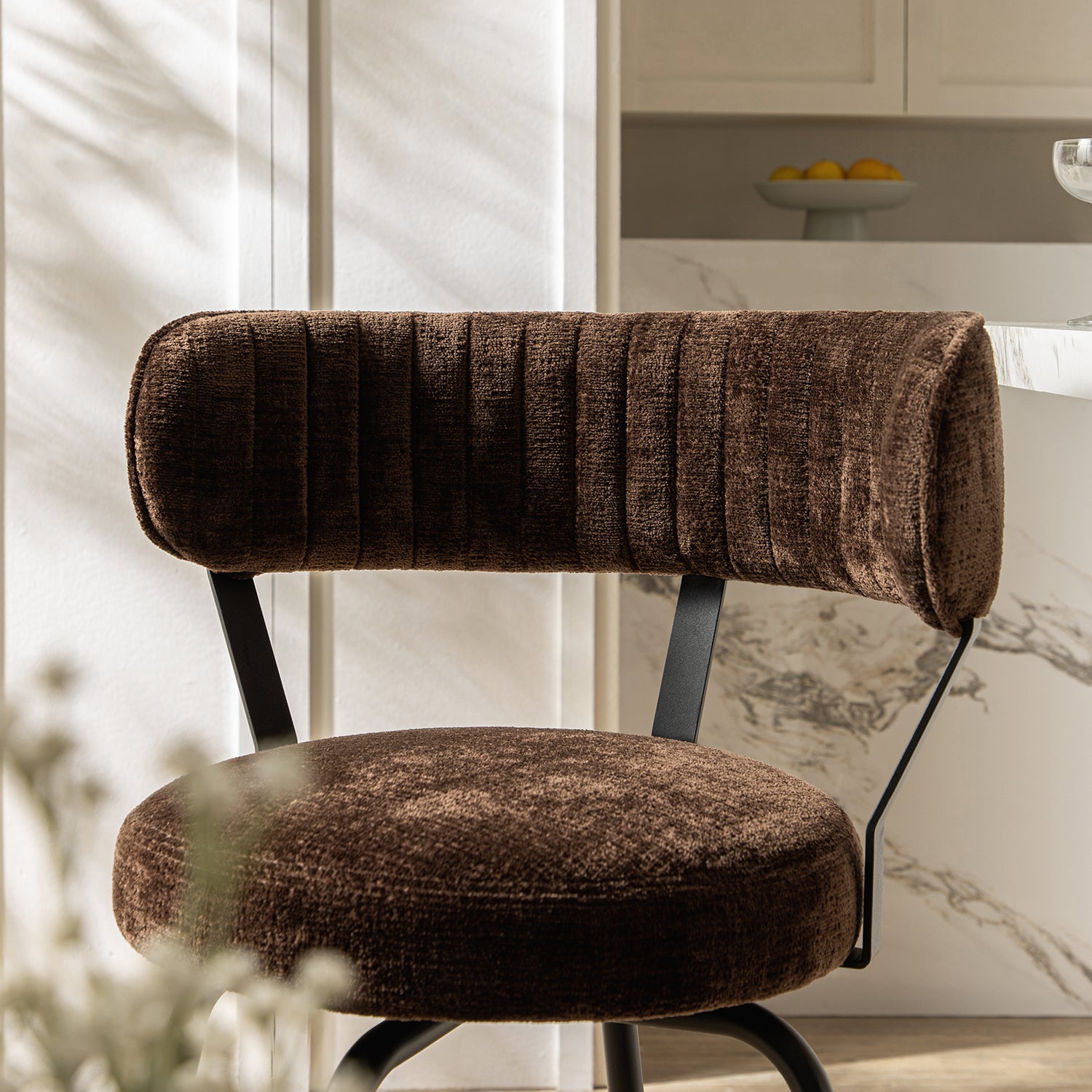 Lotte Set of 2 Swivel Counter Stools, Dark Mocha Chenille