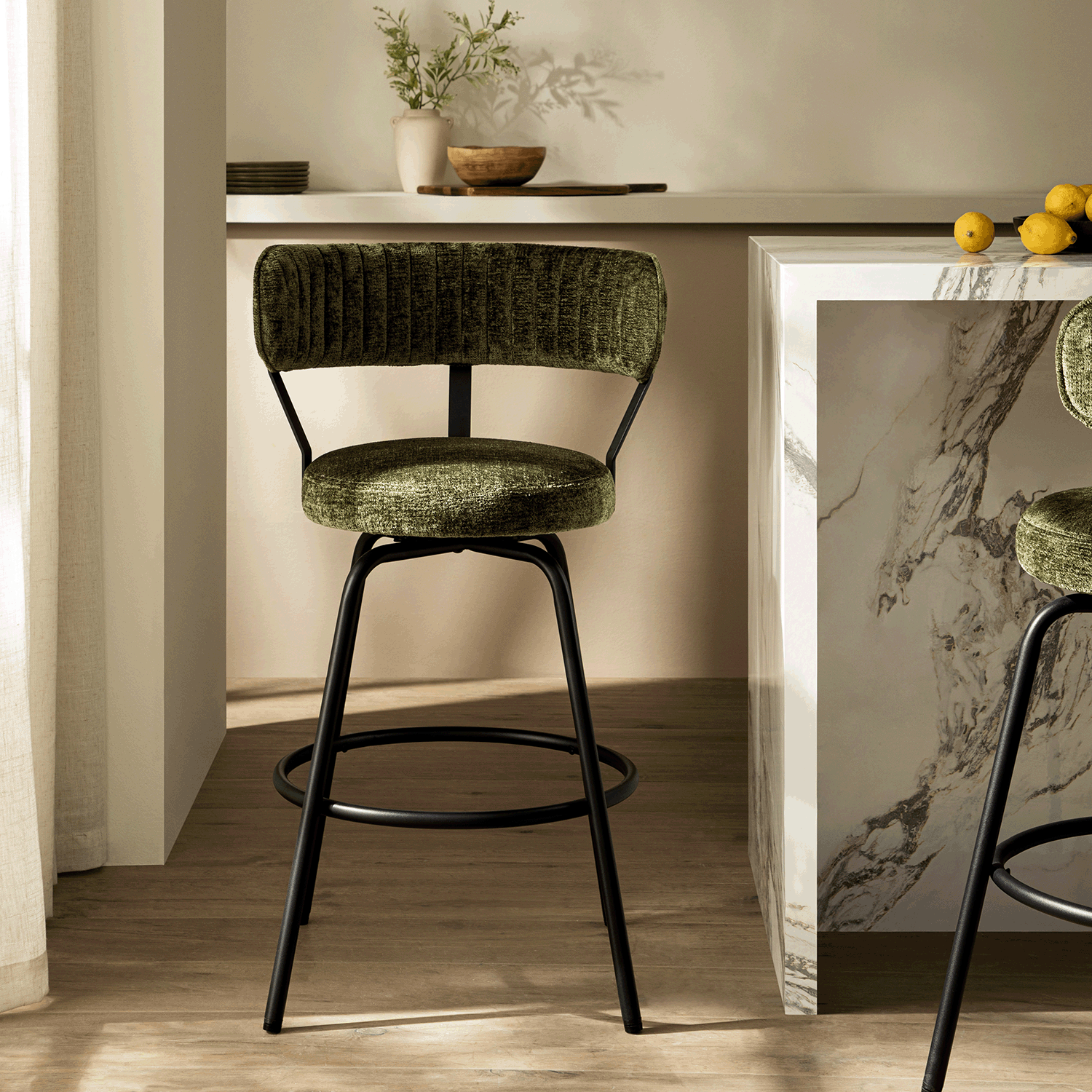 Lotte Set of 2 Swivel Counter Stools, Moss Green Chenille