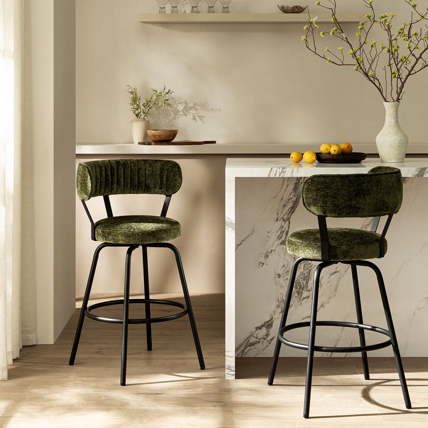 Lotte Set of 2 Swivel Counter Stools, Moss Green Chenille