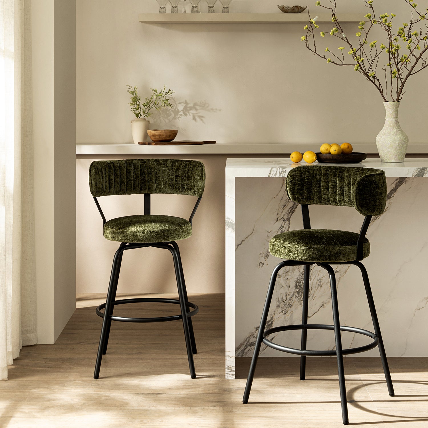 Lotte Set of 2 Swivel Counter Stools, Moss Green Chenille
