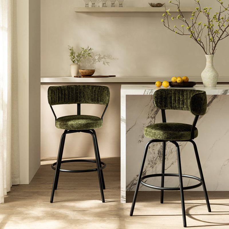 Lotte Set of 2 Swivel Counter Stools, Moss Green Chenille - daals