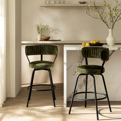 Lotte Set of 2 Swivel Counter Stools, Moss Green Chenille