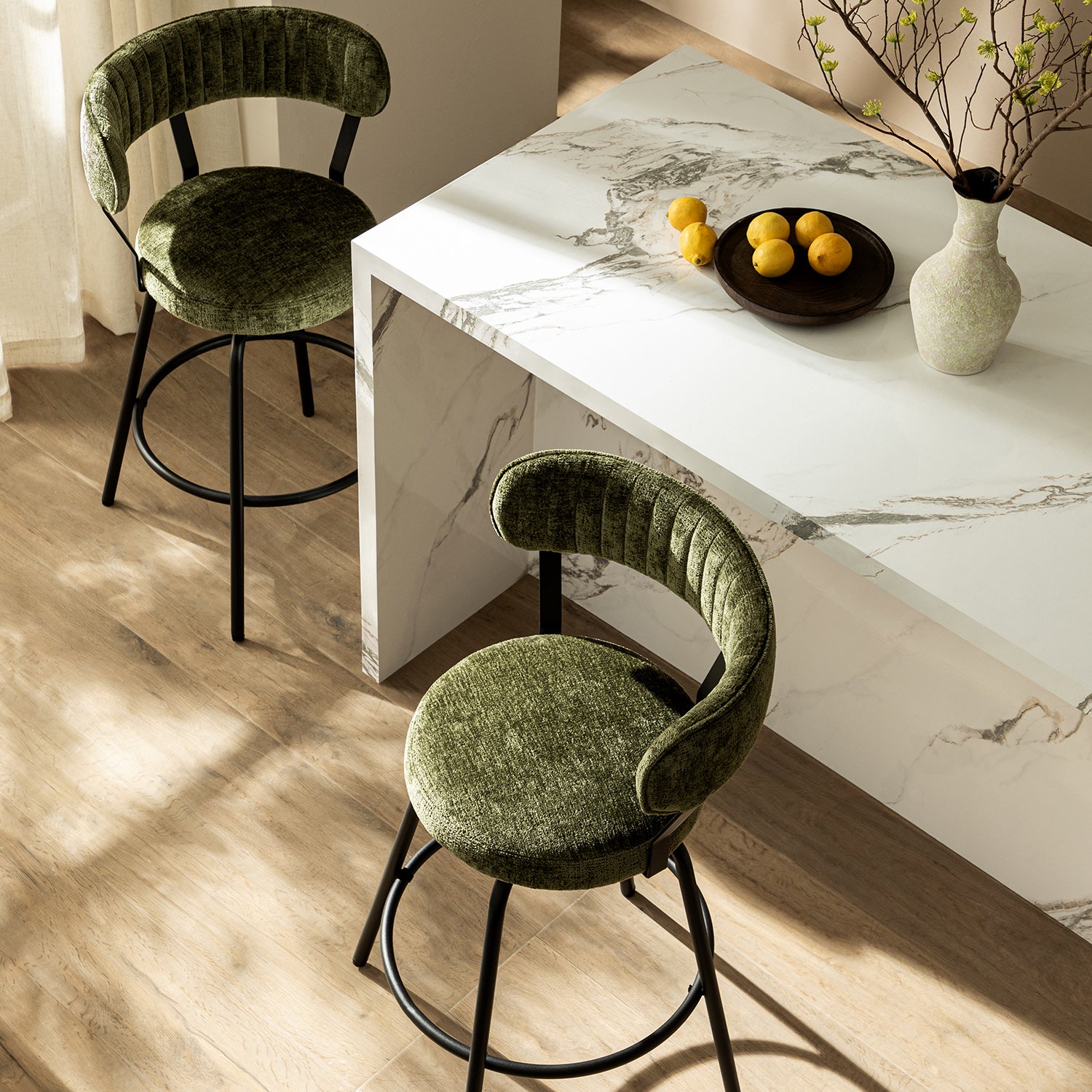 Lotte Set of 2 Swivel Counter Stools, Moss Green Chenille