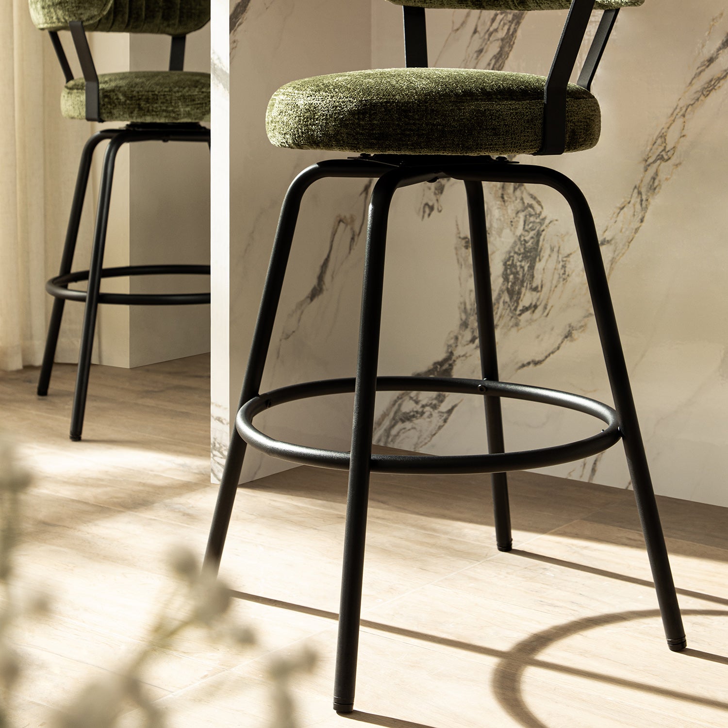 Lotte Set of 2 Swivel Counter Stools, Moss Green Chenille