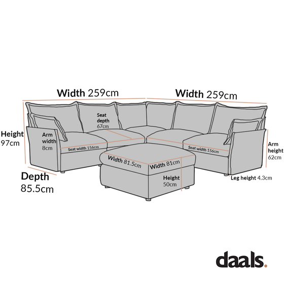 Byron Pillow Edge Mist Grey Boucle Modular Sofa, 5-Seater Corner & Stool Set