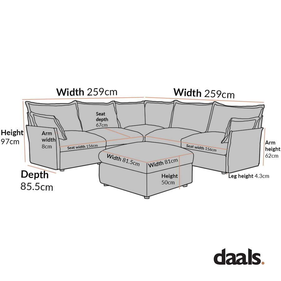 Byron Pillow Edge Mist Grey Boucle Modular Sofa, 5-Seater Corner & Stool Set