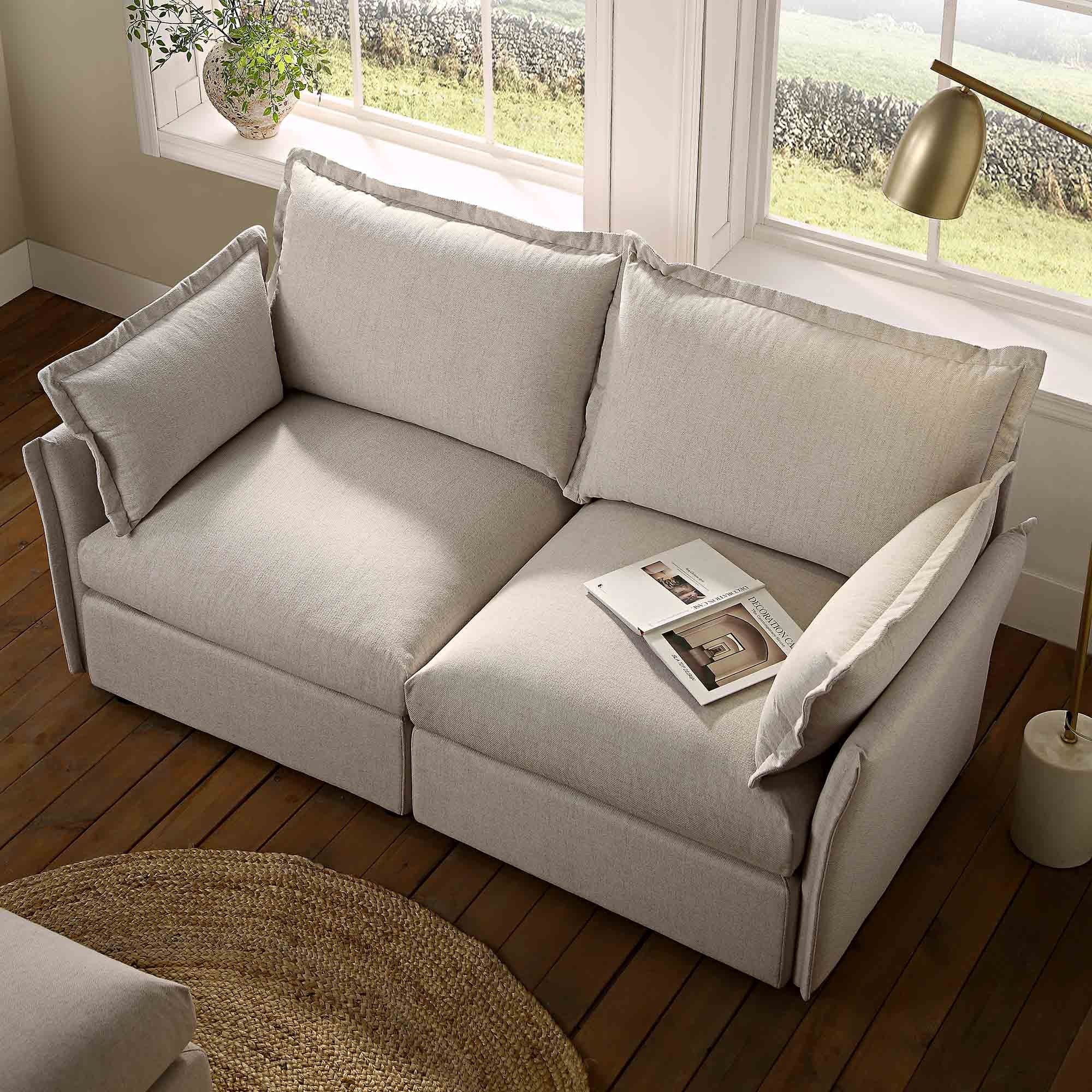 Byron Pillow Edge Beige Fabric Modular Sofa, 2-Seater