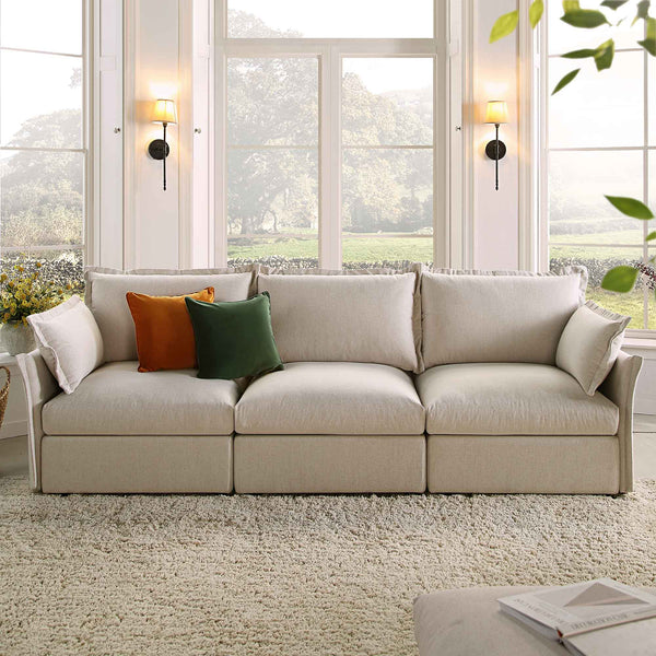 Byron Pillow Edge Beige Fabric Modular Sofa, 3-Seater